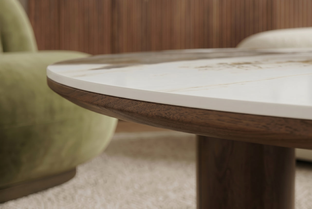Couchtisch ORGANIKO 110cm weiß-braune Keramikoptik m. Nussbaum-Holzoptik-Gestell