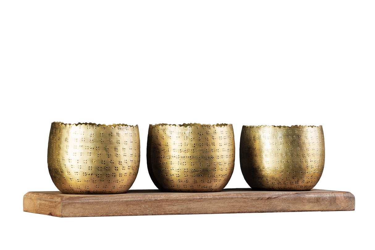 Schale ORIENT 3er Set Hammerschlag-Effekt gold natur Mangoholzsockel