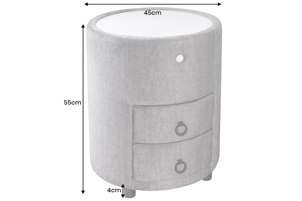 Bedside table SIGNUM round w/ LED light 55cm velvet grey