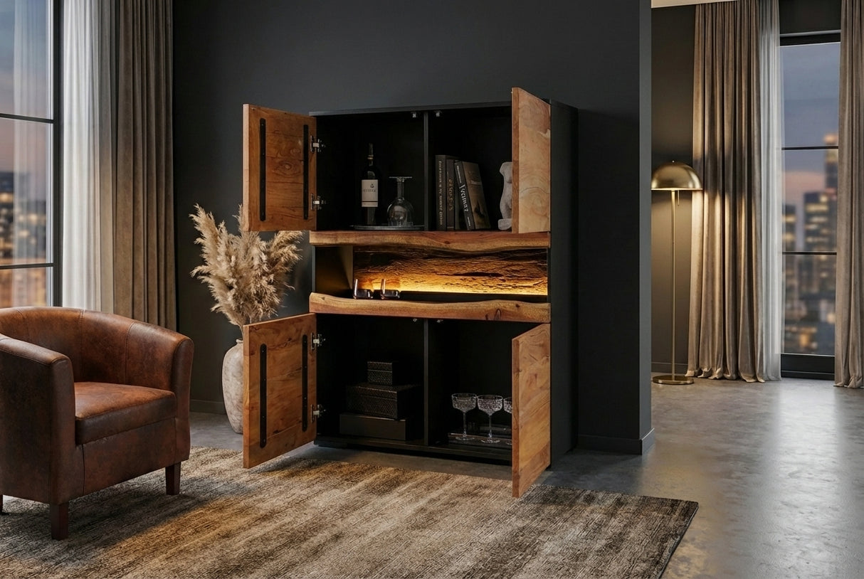 Highboard GRAND ACACIA 120cm Akazienholz Naturkante m. fernbedienbarer LED-Beleuchtung