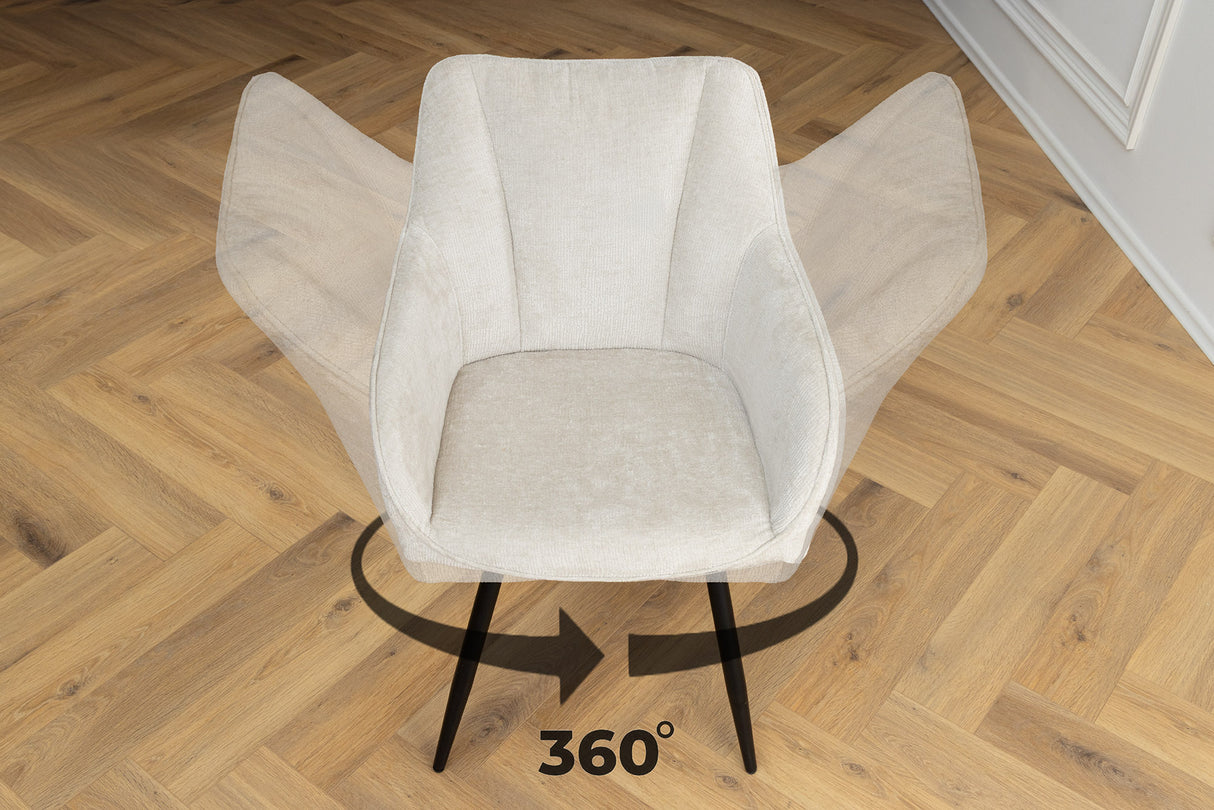 Drehstuhl AVIGNON 360° mit Armlehnen Chenillestoff champagnerbeige und schwarzen Beinen