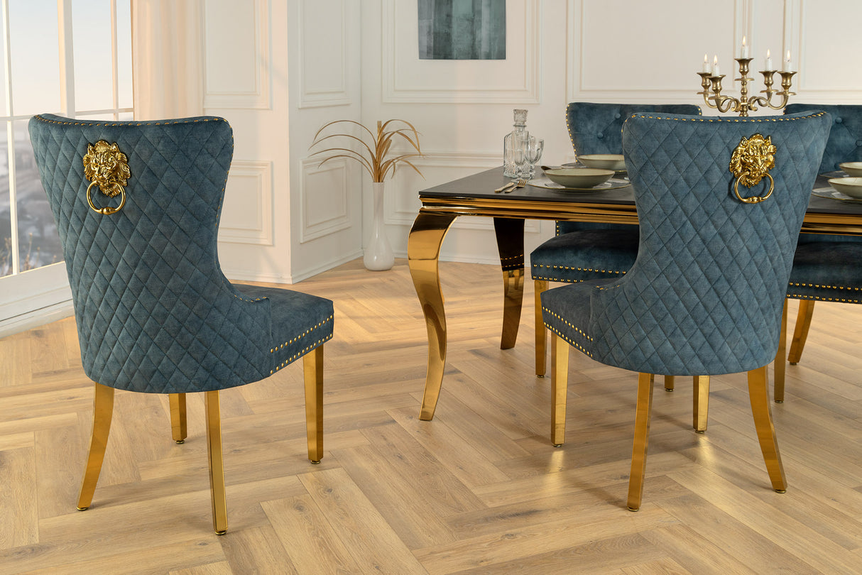 Chair CASTLE w/ lion´s head handle velvet petrol golden legs in baroque style
