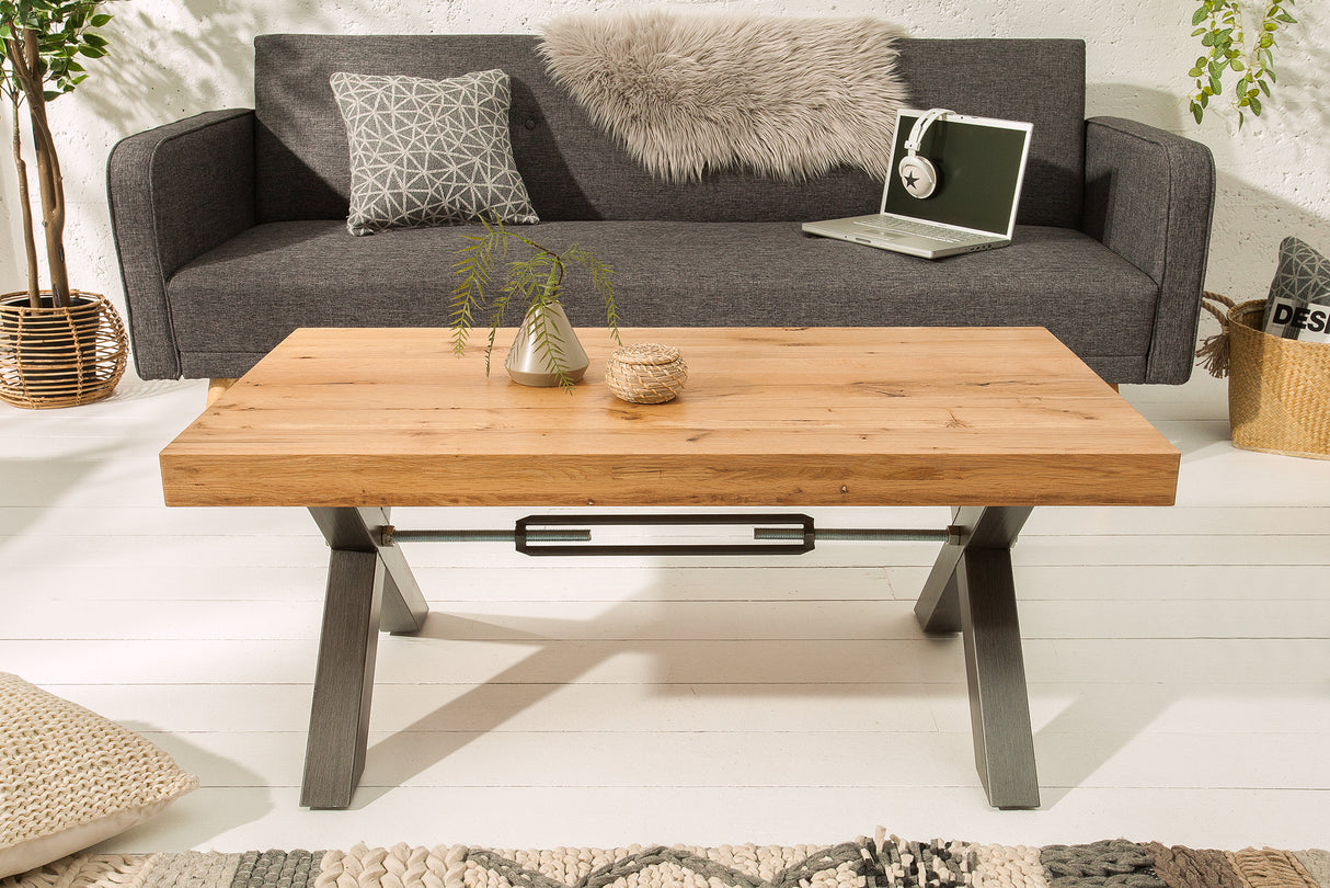 Couchtisch THOR 110cm X-Beine Wildeiche Holz Industriestil