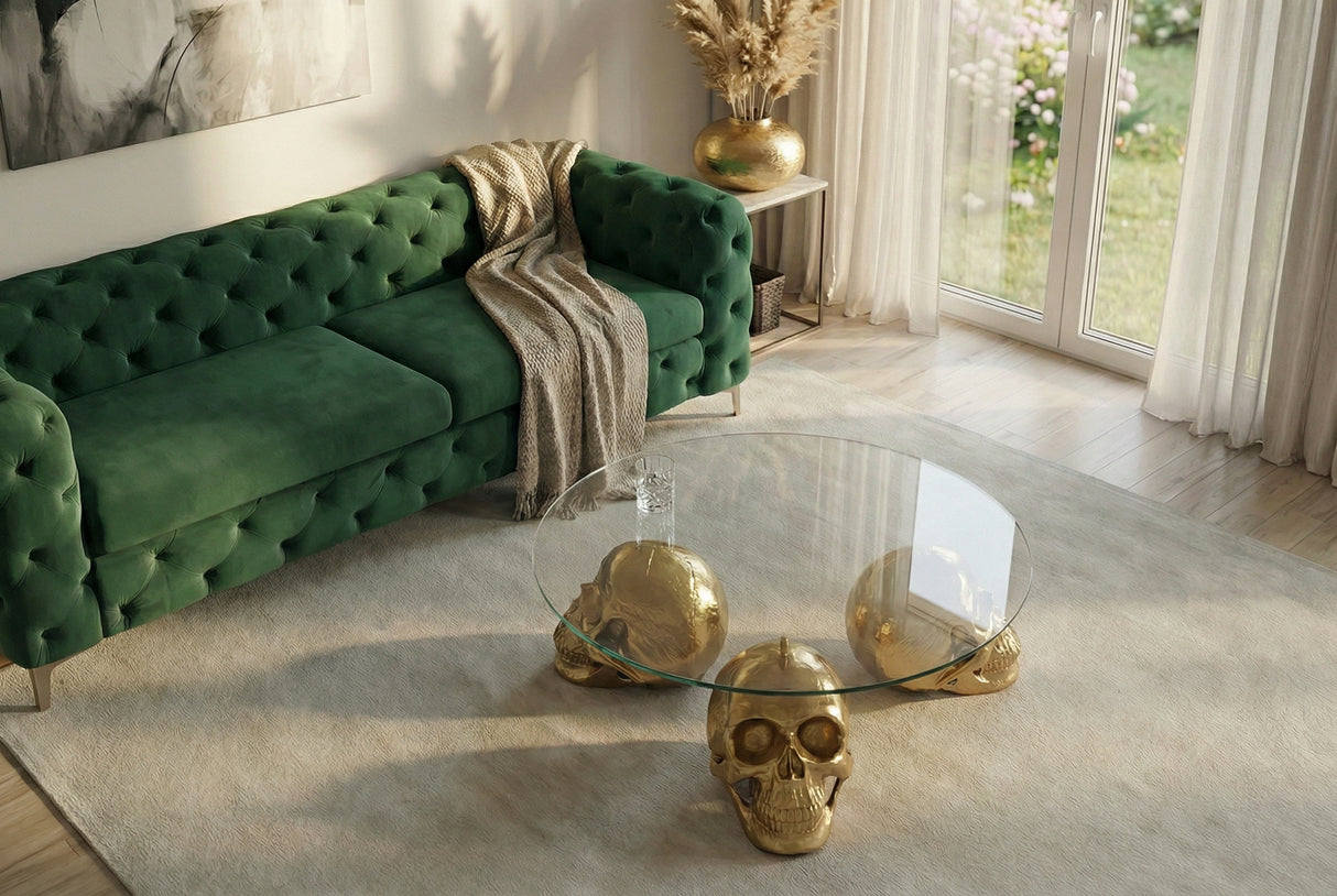 Coffee table SKULL 90cm movable skulls gold 8mm tempered glass