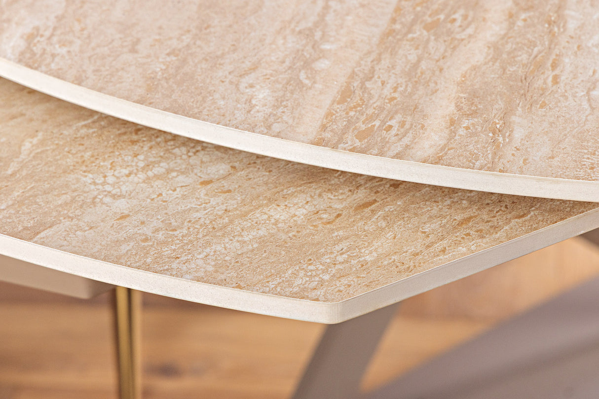 Dining table INCEPTION 130-190cm extendable w/ champagne greige rack ceramic top travertine