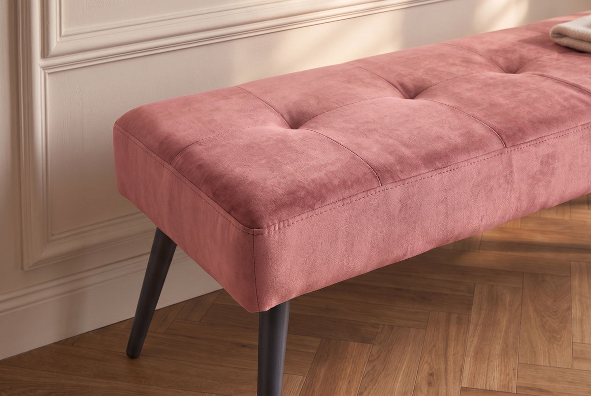 Bench BOUTIQUE 100cm button tufted look velvet dusky pink w/ black metal legs