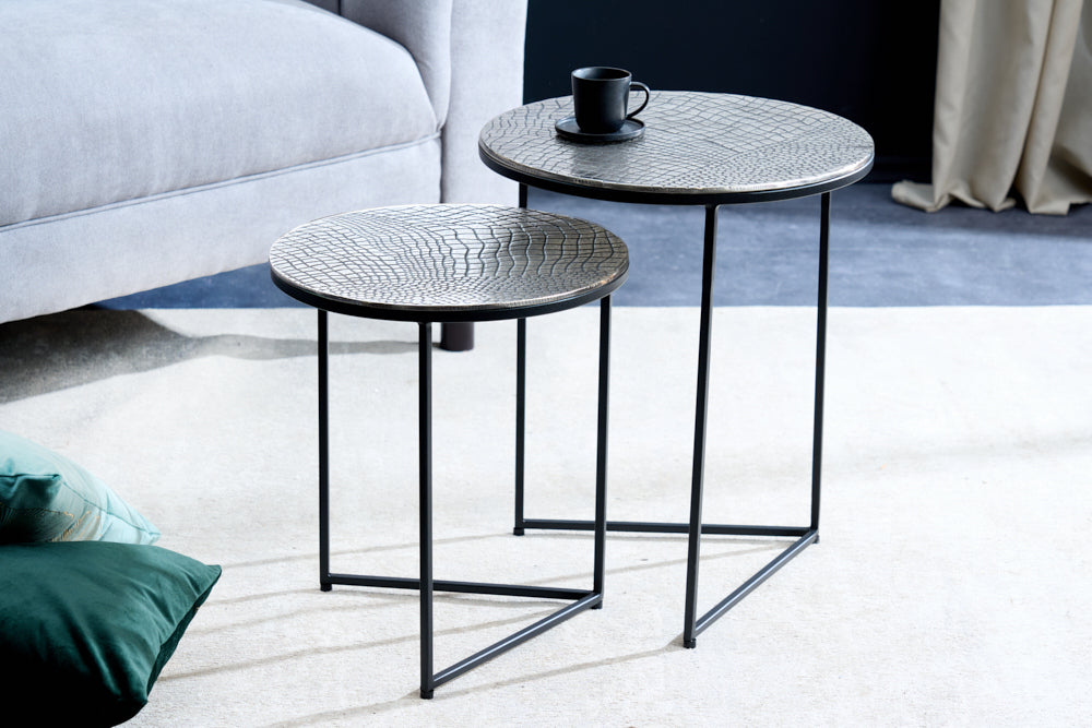 Side table ELEMENTS 40cm crocodile look set of 2 antique silver