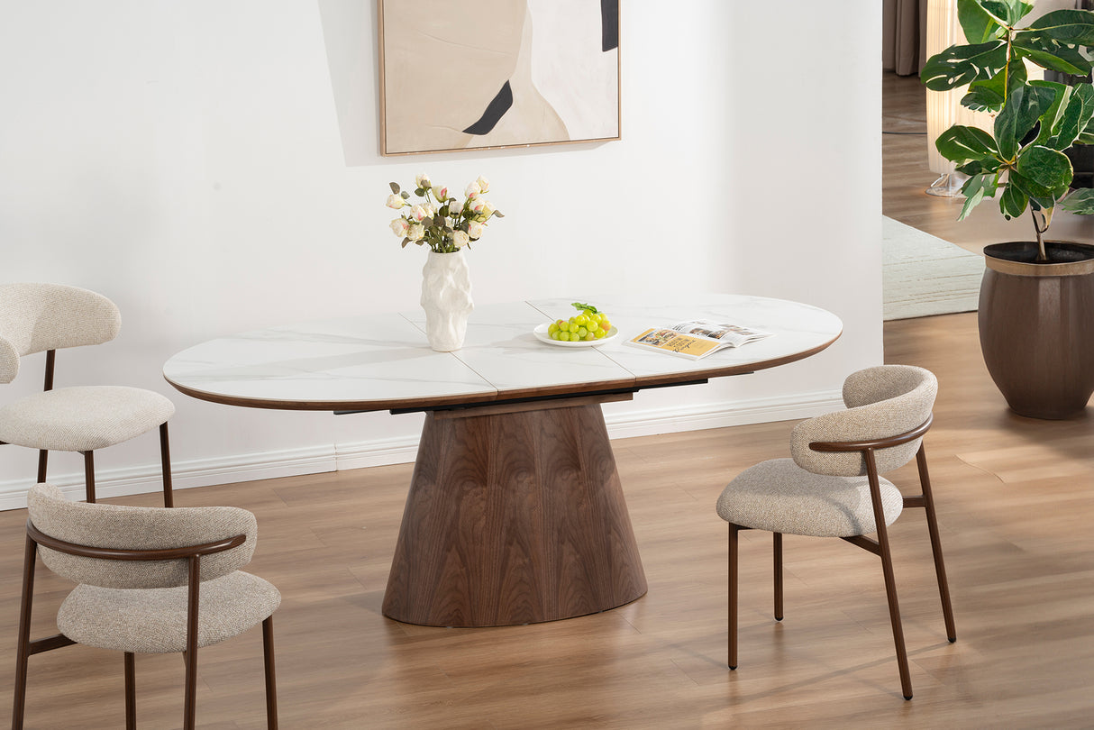 Dining table UNIQUE 160-200cm extendable dark walnut wood look white ceramic marble top