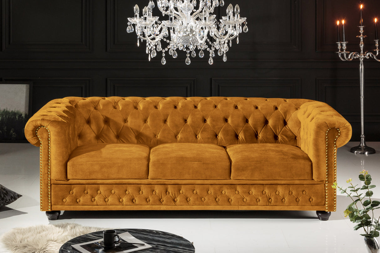 Sofa CHESTERFIELD 205cm spring core 3-seater velvet mustard yellow