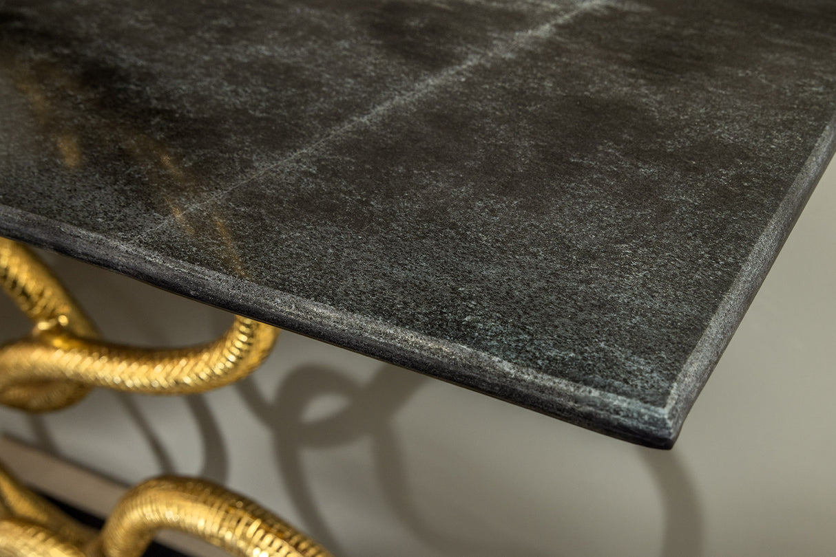 Konsole WILDLIFE SNAKE 115cm goldener Rahmen mit schwarzem Marmorsockel und -platte