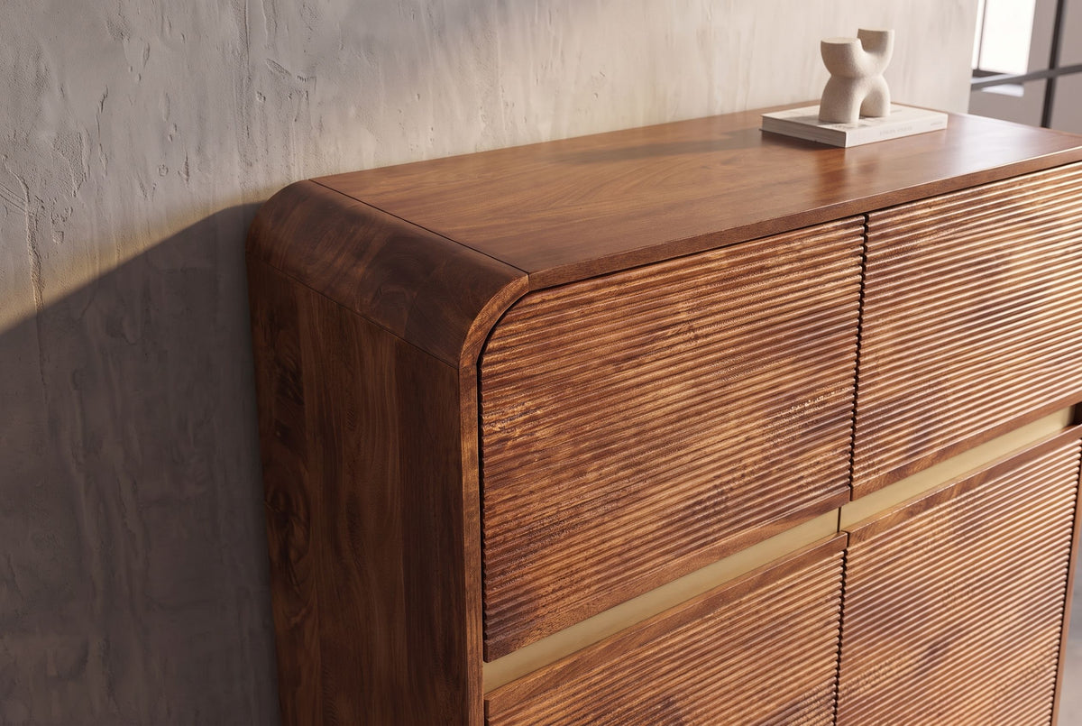Highboard MONZA 120cm fluted front rounded edges mango wood brown w/ gold details