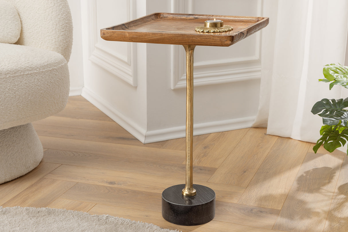 Beistelltisch TRAYFUL 55cm quadratisch 35cm Akazienplatte und Marmorsockel