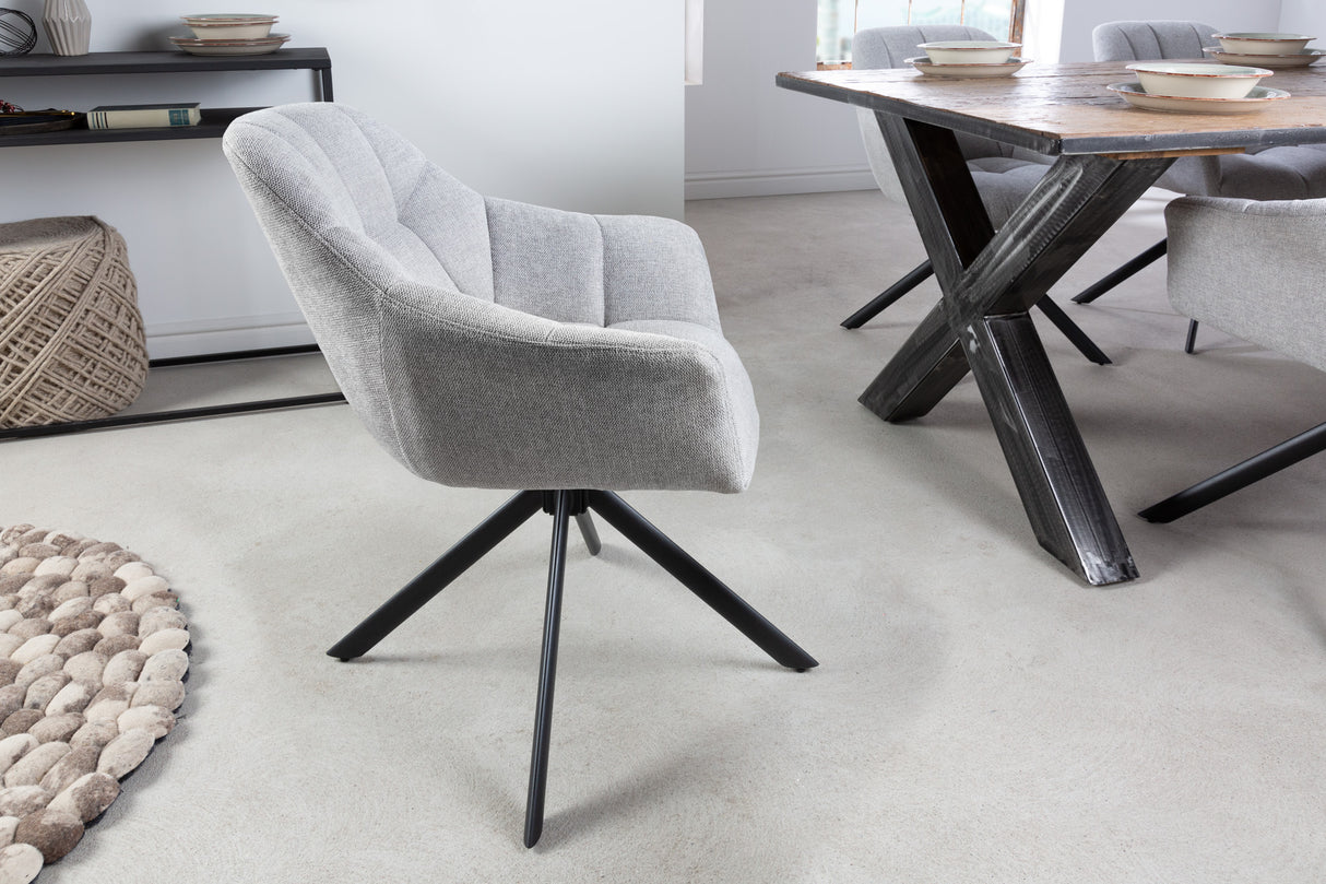 Swivel chair PAPILLON 180° rotatable w/ armrests textured fabric light grey