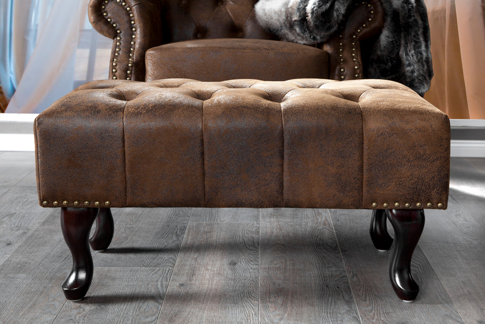Foot stool CHESTERFIELD antique look microfibre brown