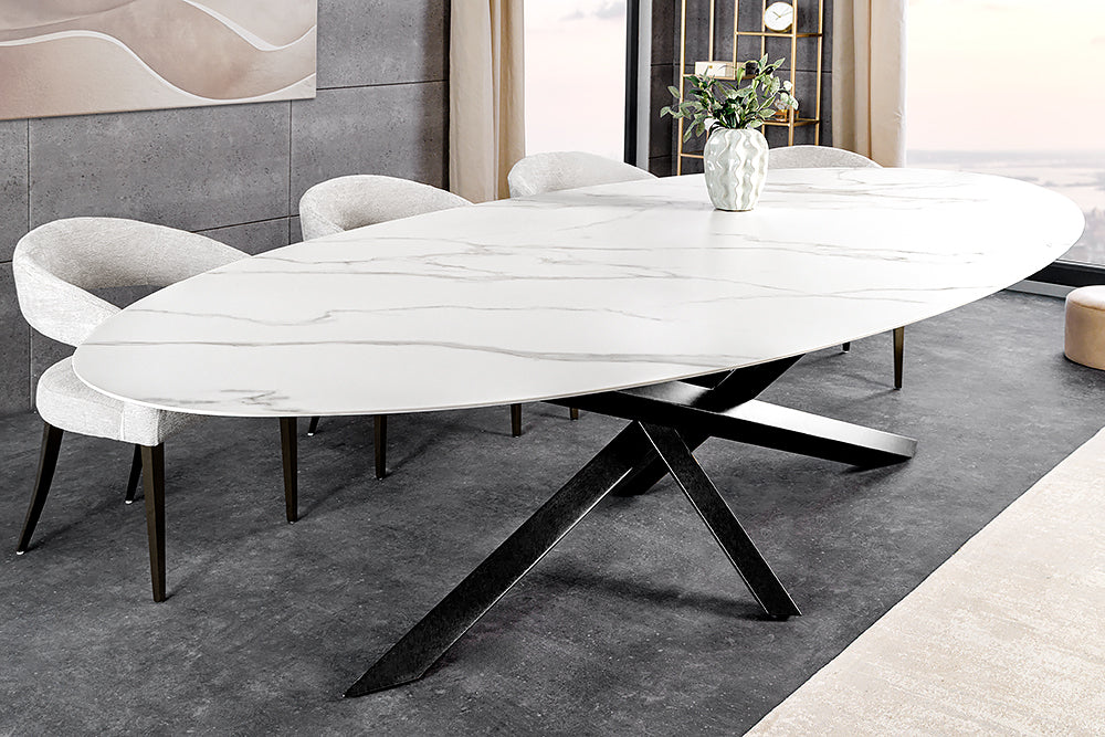 Dining table SCULPTURE 280cm oval frame black w/ ceramic top white marble look