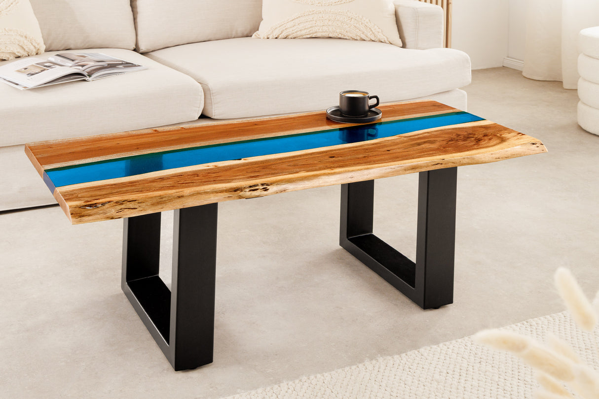 Coffee table LIQUID 110cm acacia wood blue epoxy strip