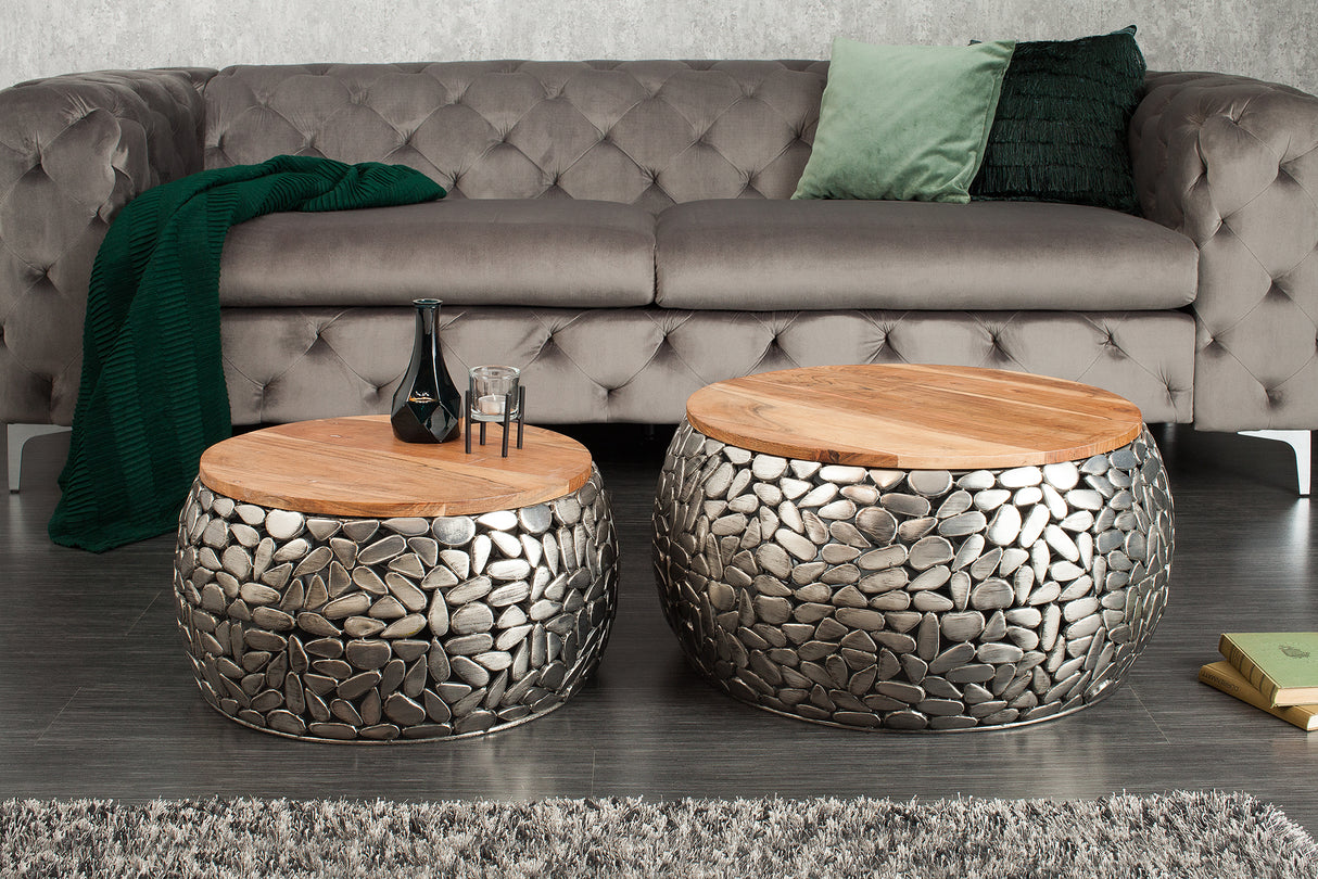 Couchtisch STONE MOSAIC 2er Set 54-66cm Mangoholz Platten silber