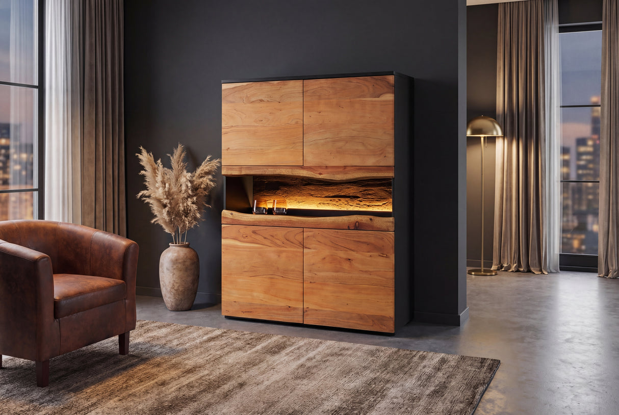 Highboard GRAND ACACIA 120cm Akazienholz Naturkante m. fernbedienbarer LED-Beleuchtung
