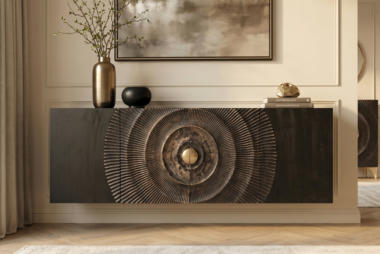Sideboard GOLDEN SUNSET 180cm 3D hanging mango wood black