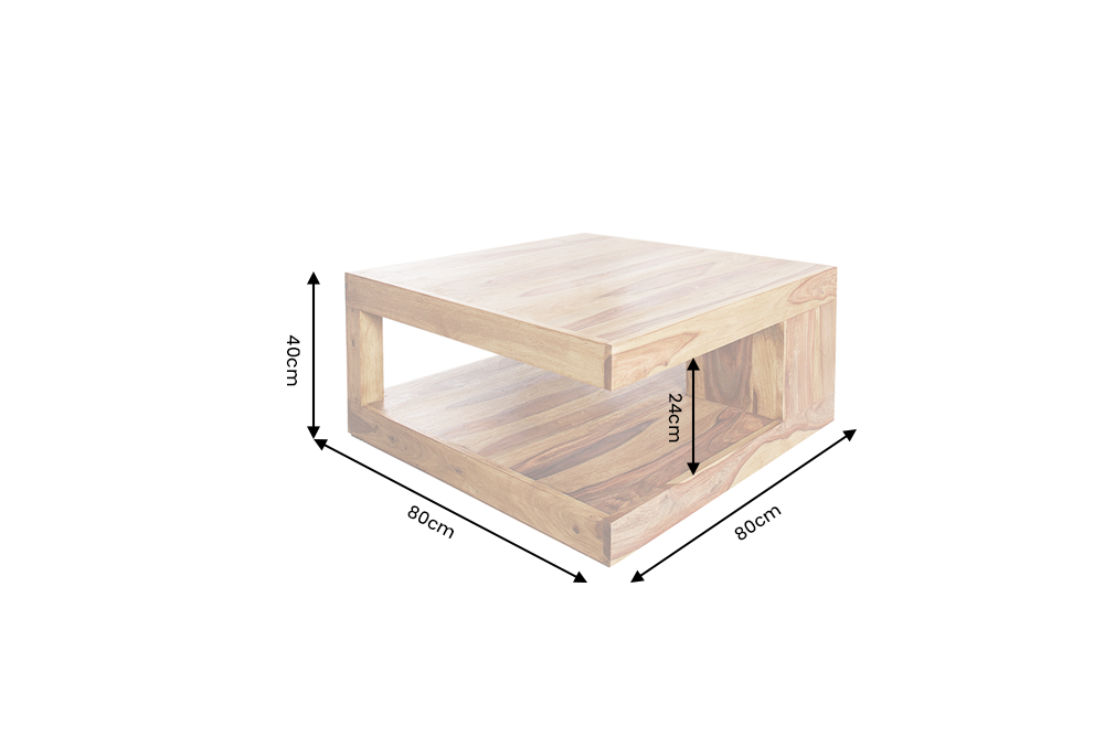 Coffee table GIANT L 80x80cm w/ open storage shelf sheesham wood natural stone finish