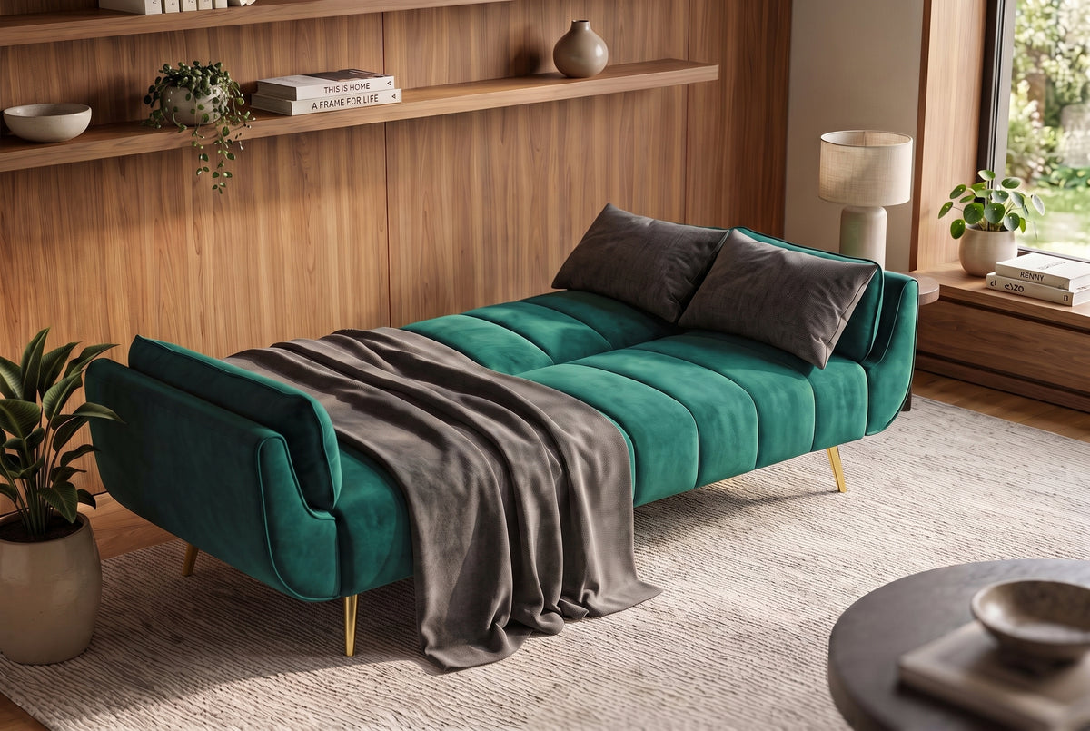 Sofa bed DIVANI 220cm 3-seater w/ armrest cushions velvet emerald green metal feet gold