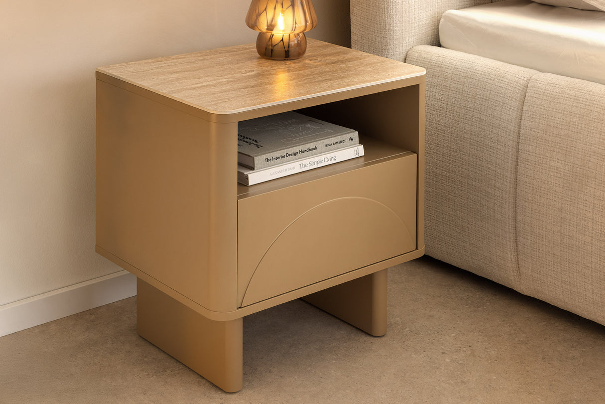 Bedside table SAVOY 50cm 3D natural w/ travertine marble ceramic top