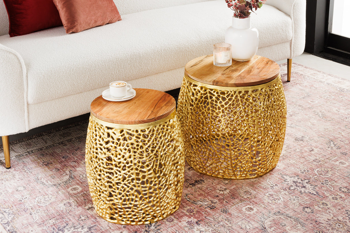 Coffee table LEAF 40cm set of 2 gold with acacia wood plate
