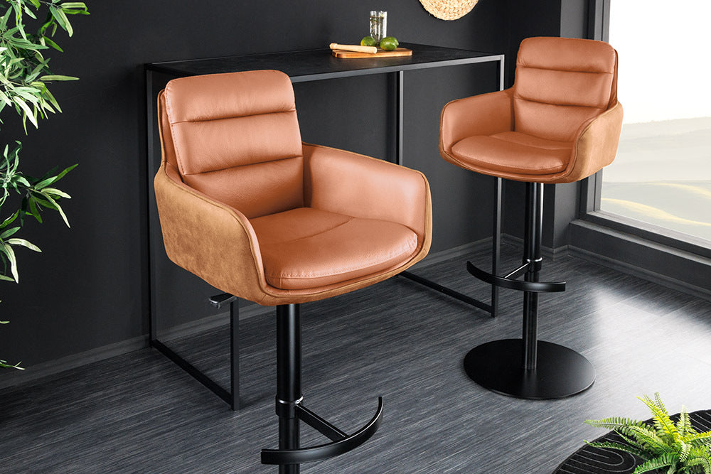 Bar stool BIG GEORGE w/ armrests microfibre leather cognac rotatable height adjustable