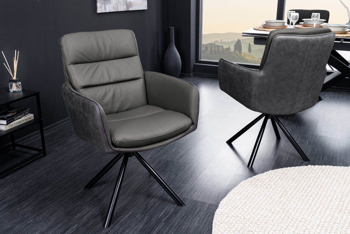 Swivel chair BIG GEORGE 360° with armrests genuine leather and microfibre grey