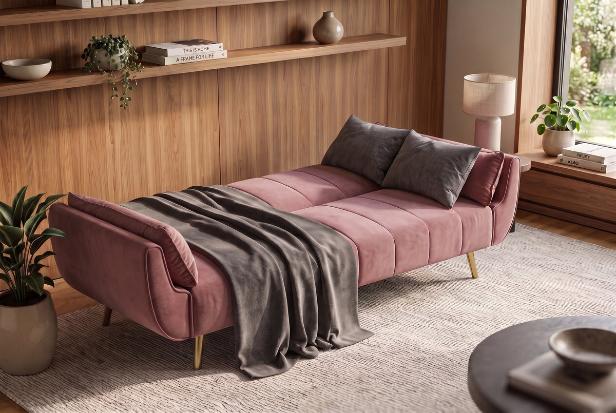 Schlafsofa DIVANI 220cm mit Armlehnenkissen Samt altrosa Metallfüße gold