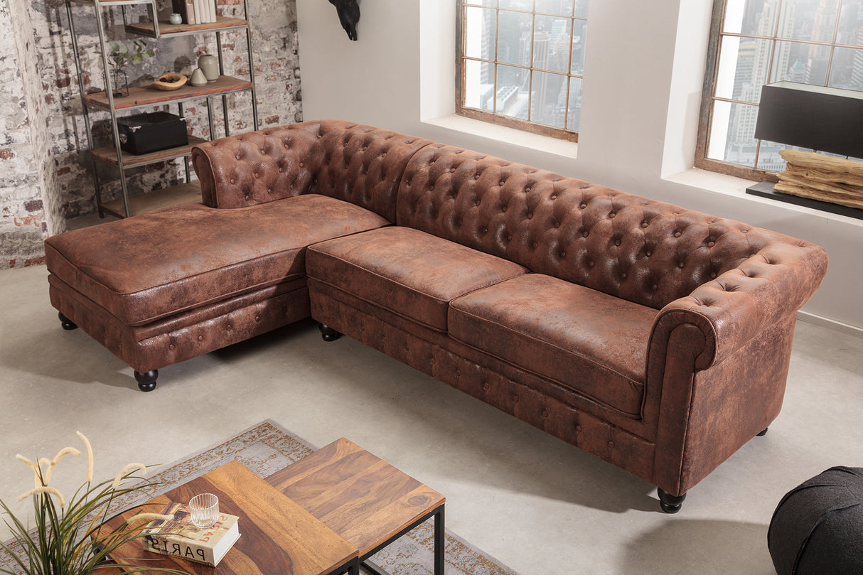 Ecksofa CHESTERFIELD mit Ottomane links 270cm Federkern Microfaser antikbraun