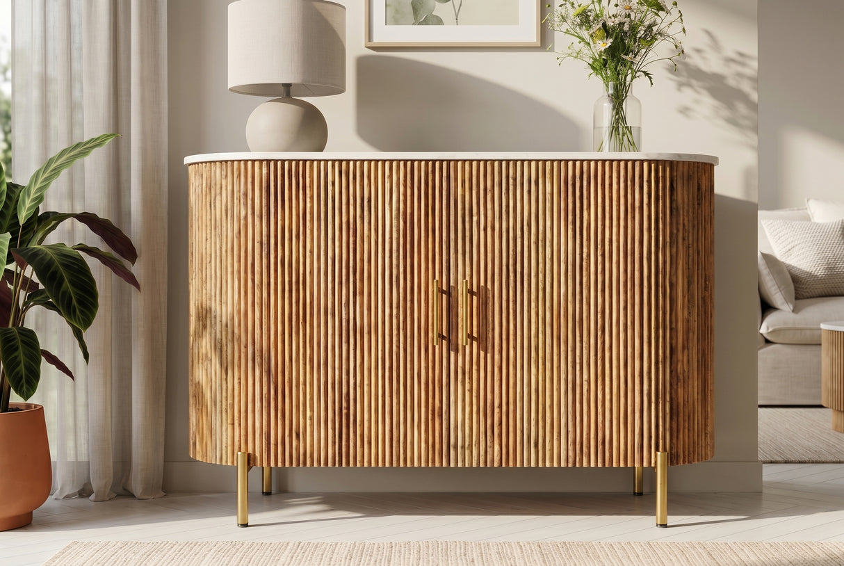 Sideboard TRES CHIC 105cm Mangoholz natur mit weißer Marmorplatte und goldenen Griffen