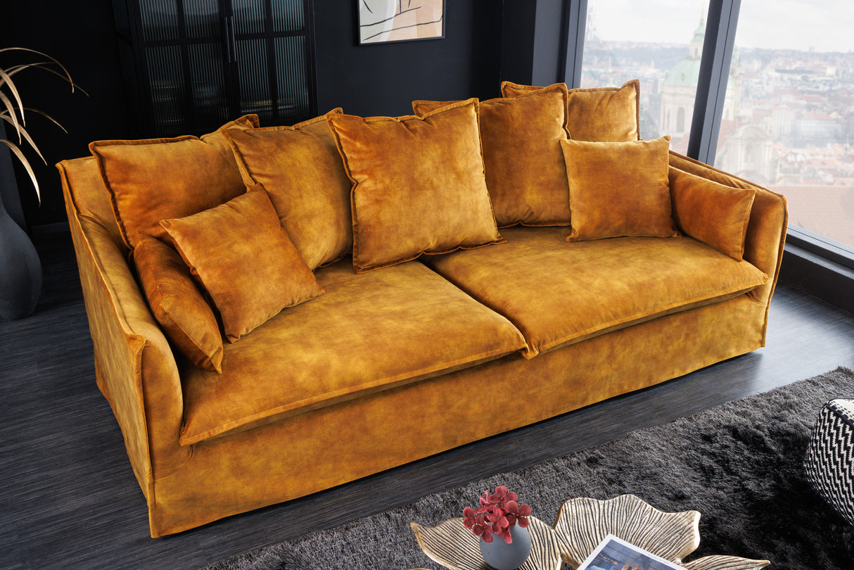 Sofa HEAVEN 200 cm 3-Sitzer Federkern, abnehmbarer Bezug aus strukturiertem Samt, senfgelb