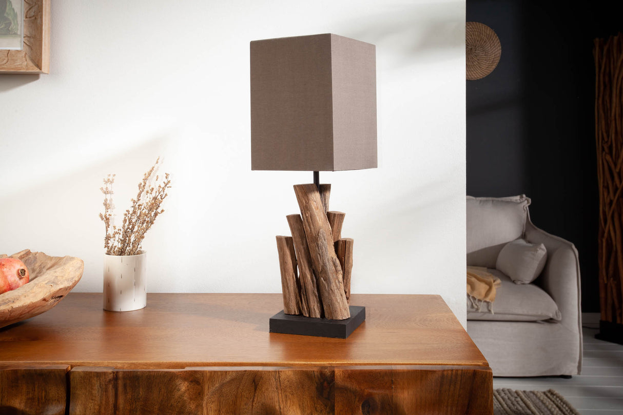 Tischleuchte PURE NATURE 45cm Recycling-Eisen Holz mit Baumwollschirm braun