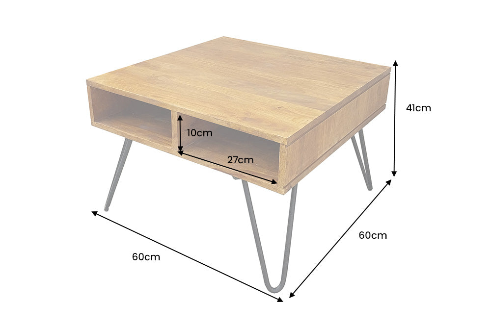 Couchtisch SCORPION 60 cm mit Stauraum und Hairpin-Beinen Mangoholz honigfarbenes Finish
