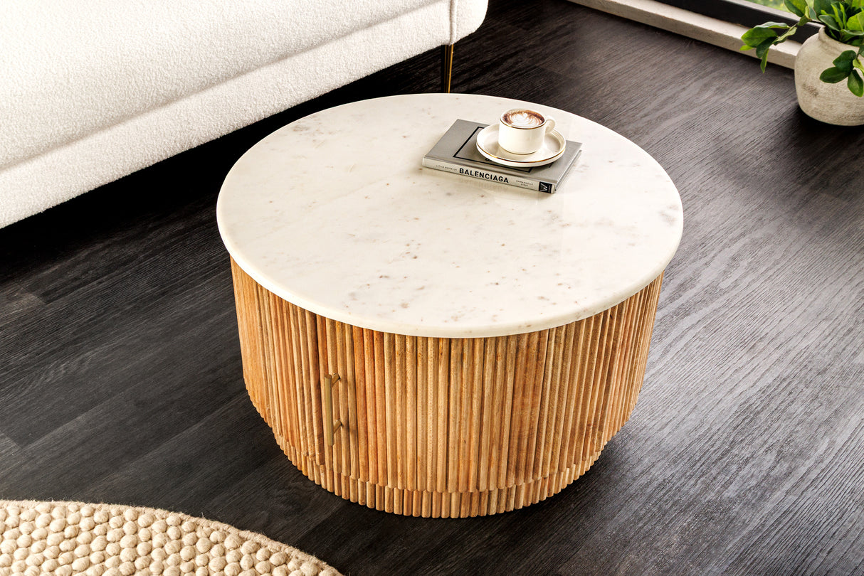 Coffee table TRES CHIC Ø 60cm round mango wood natural w/ white marble top