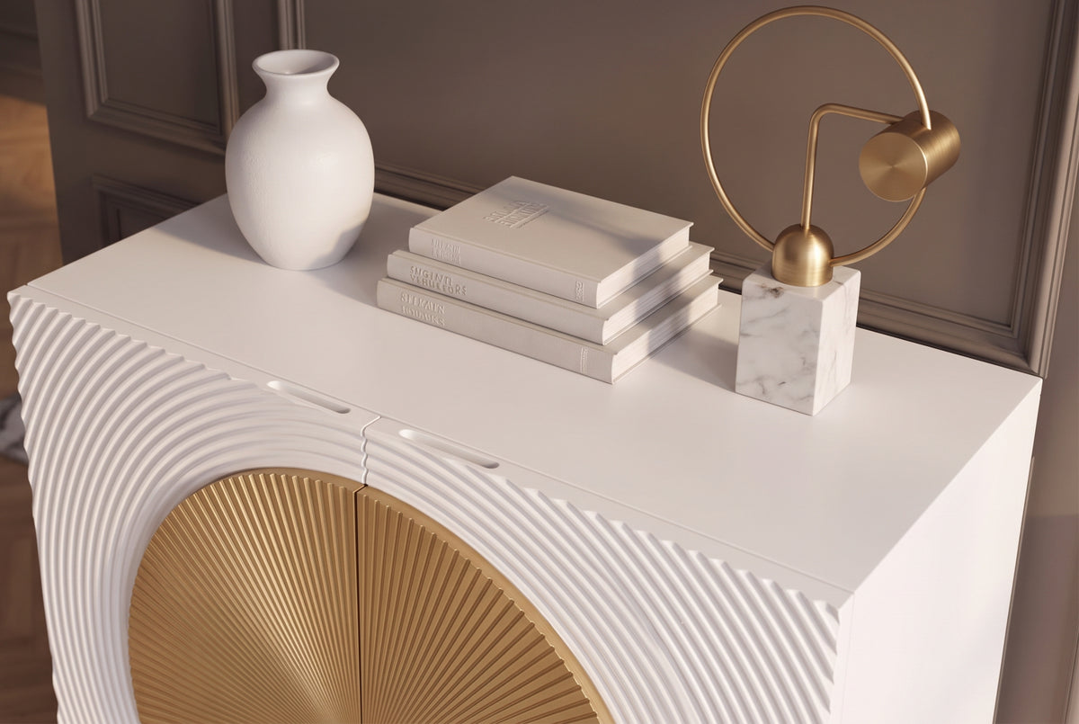 Highboard AURUM 120cm textured front gold circle accent mango wood white gold metal feet