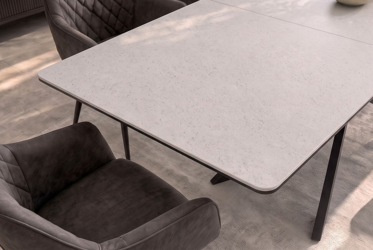 Dining table ALPINE 160-200cm extendable ceramic concrete taupe w/ black star frame