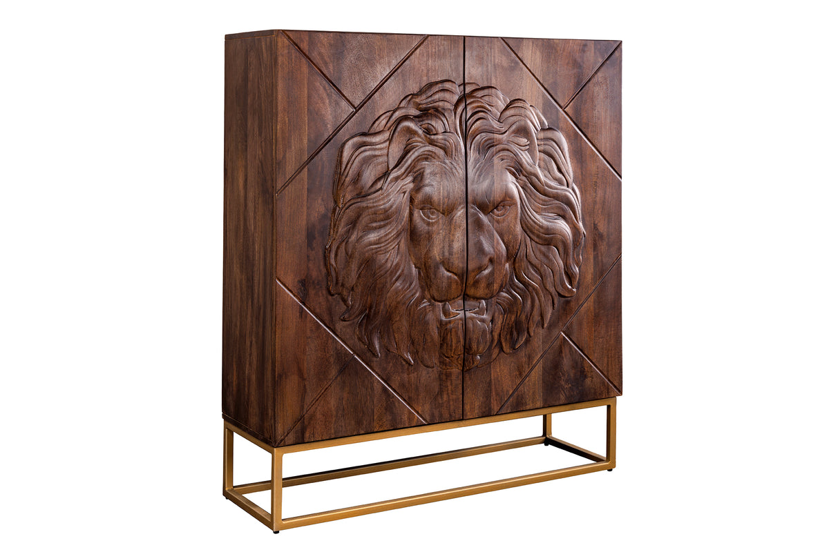 Highboard LION 120cm 3D lion front mango wood brown w/ gold metal frame