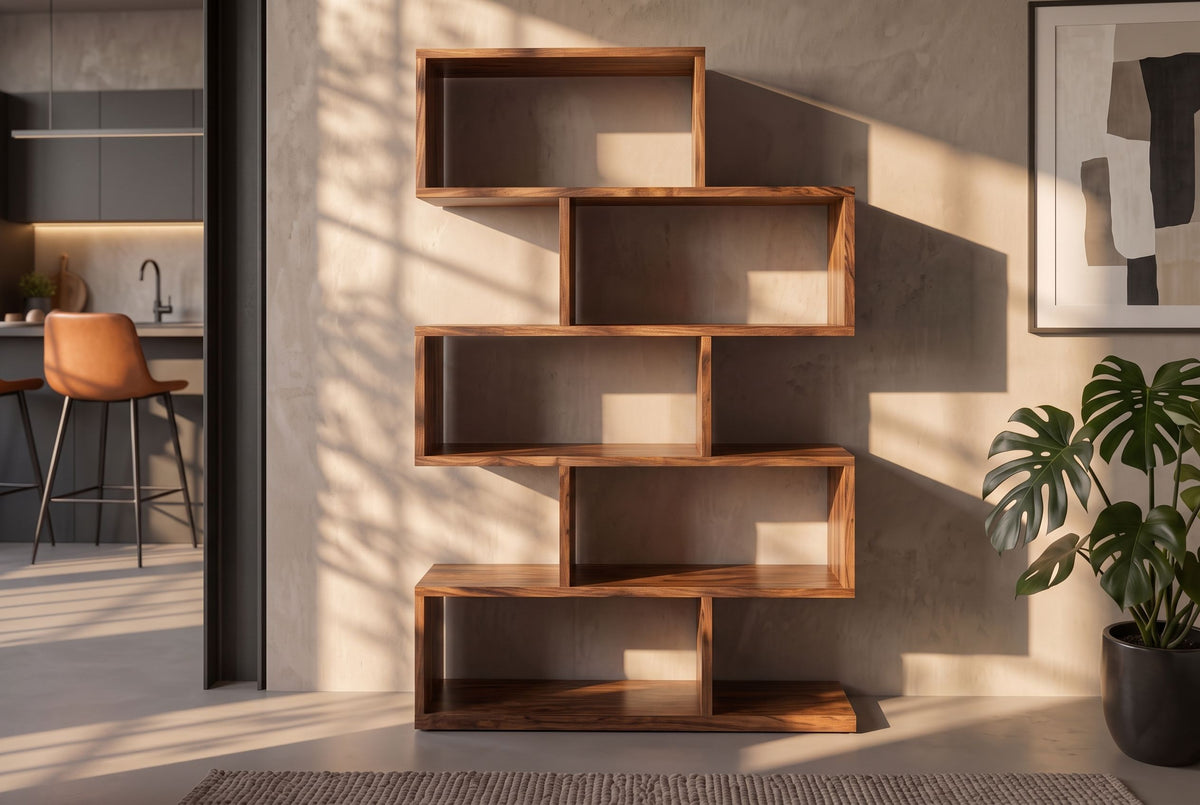 Shelf MAKASSAR XL 150cm asymmetrical open shelving sheesham wood brown stone finish