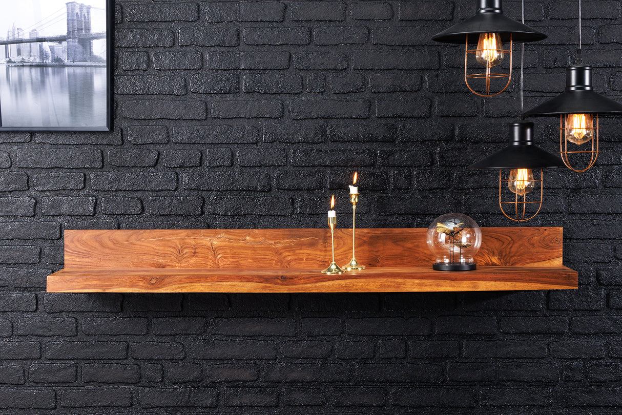 Wandregal MAKASSAR 140 cm, Naturstein-Finish, Sheesham-Holz