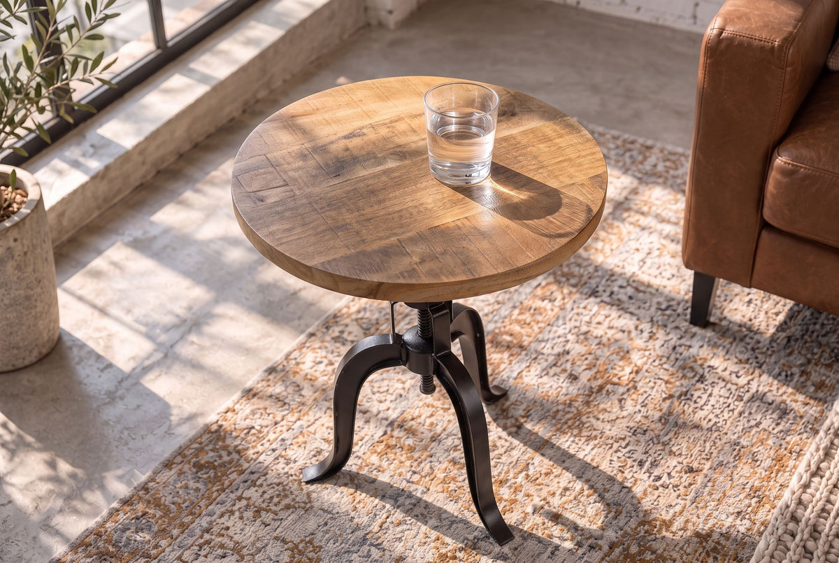 Beistelltisch ENGINEER 50cm höhenverstellbar Mangoholz natur mit schwarzem Gestell - Industrial Design