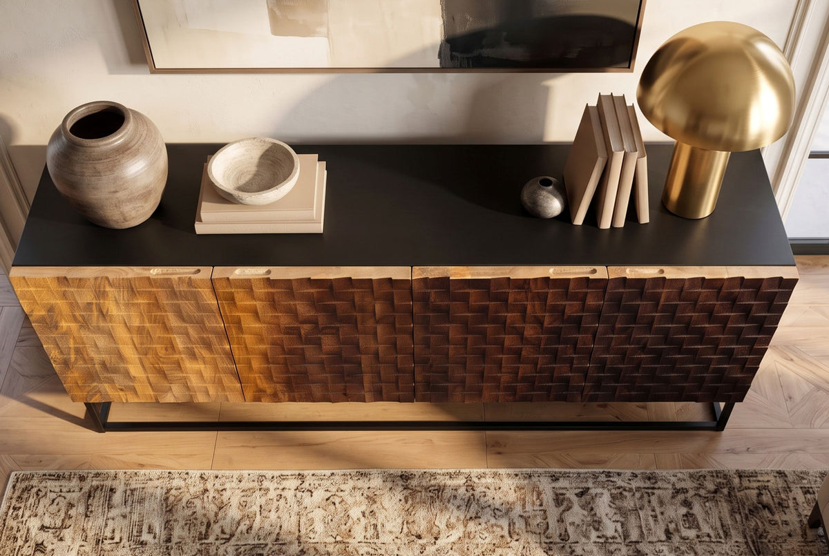 Sideboard SHADES 180cm 3D-Front Mangoholz mehrfarbig braun mit schwarzem Metallgestell