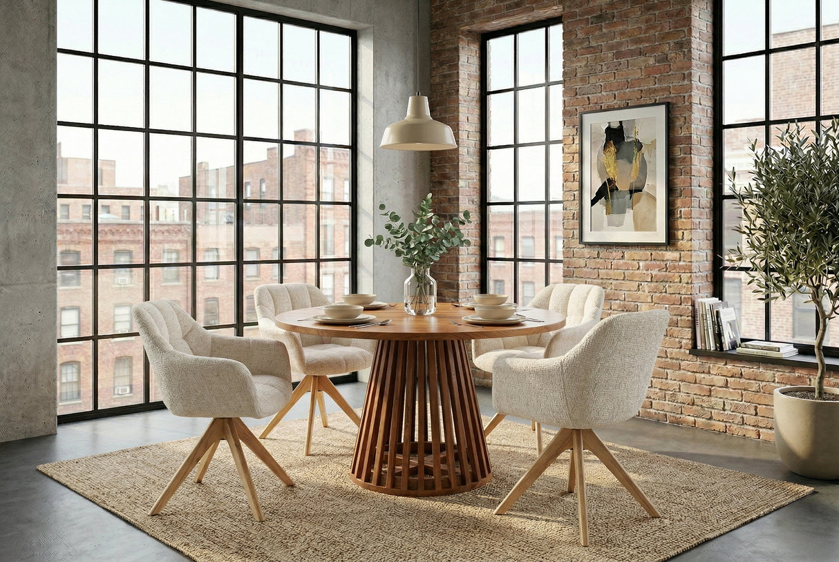 Swivel chair PAPILLON rotatable 180° w/ armrests chenille champagne beige oak