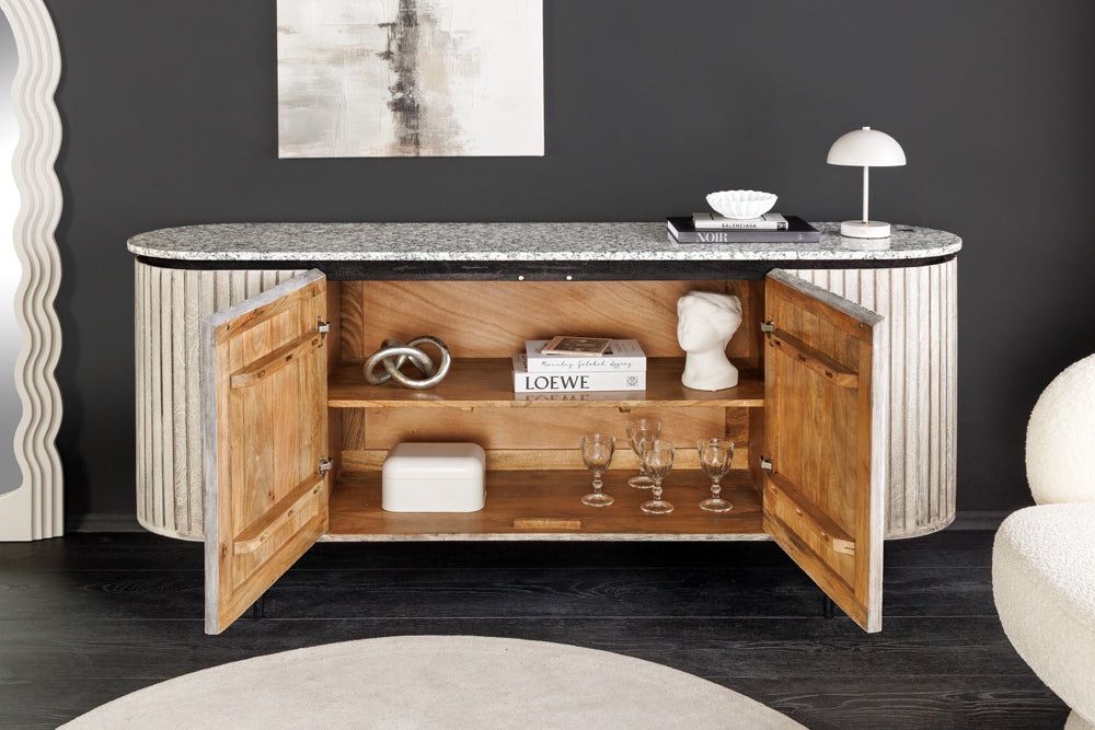 Sideboard ADLON 170cm mango wood grey w/ marble top white and black