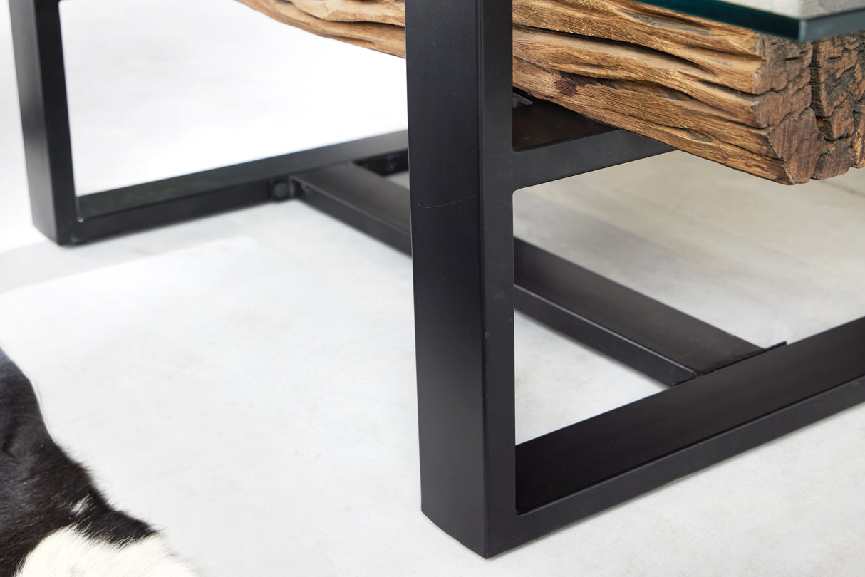 Couchtisch BARRACUDA 130cm recyceltes Teakholz mit gehärteter Glasplatte