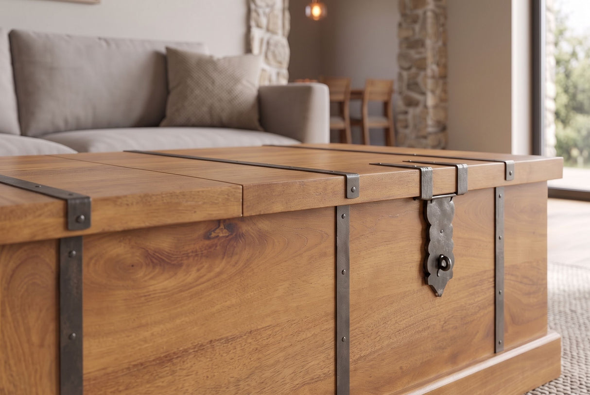 Couchtisch BODEGA 100cm mit Weinregal und Stauraum Mangoholz Honig-Finish