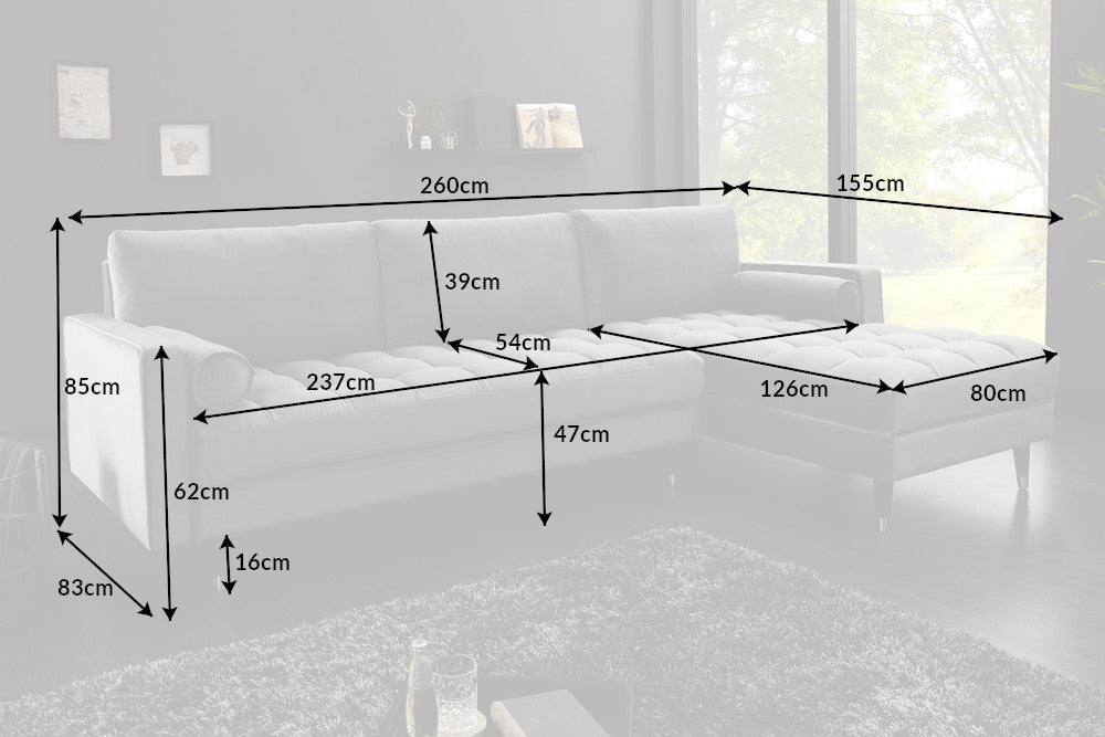 Corner sofa COZY VELVET 260cm velvet grey