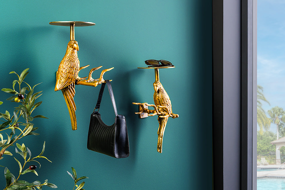 Coatrack WILDLIFE BIRDS 45cm set of 2 hammer stroke effect antique gold