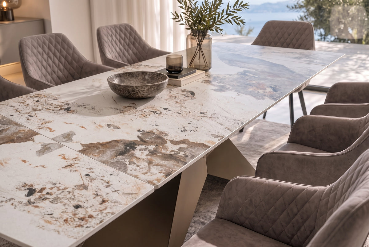 Dining table DIAMOND 180-260cm extendable pandora ceramic white brown w/ geometric bronze iron base
